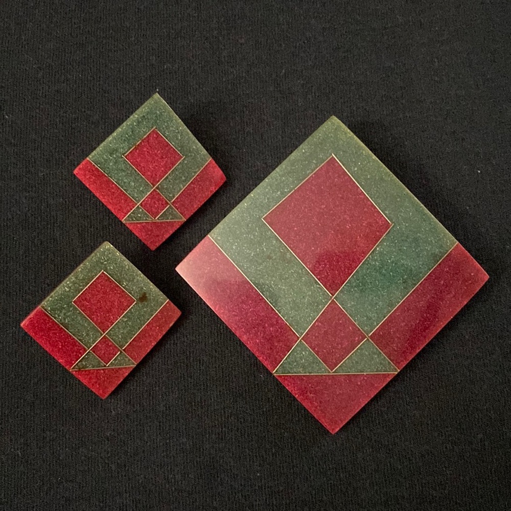 Vintage Red & Green Christmas Geometric Silver Earring Brooch Necklace Set